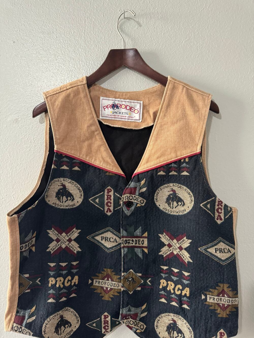 Vtg PRCA Pro Rodeo David James Tapestry Vest Blue Tan Cowboy Horse Bull